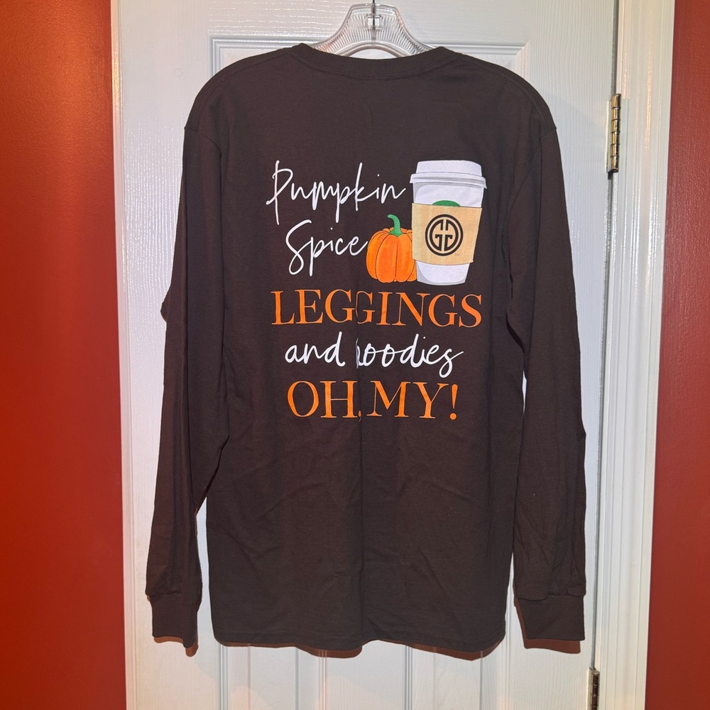 New Pumpkin Spice Long Sleeve Tee Brown with Orange Pumpkin Latte Cup Size M
